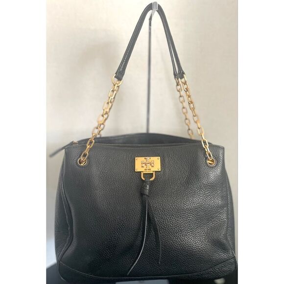 Tory Burch Handbags - Tory Burch Medium Shoulder Chain Bag Black Leather Handbag with Gold Accents